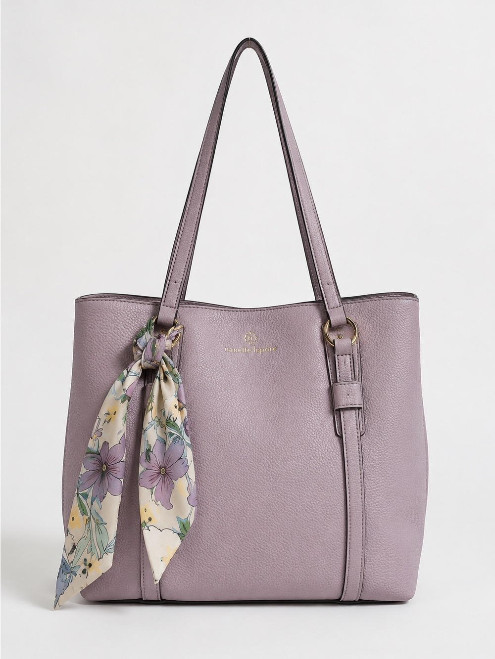 Nanette Lepore Lilac Leather Tote with Floral Scarf Accent